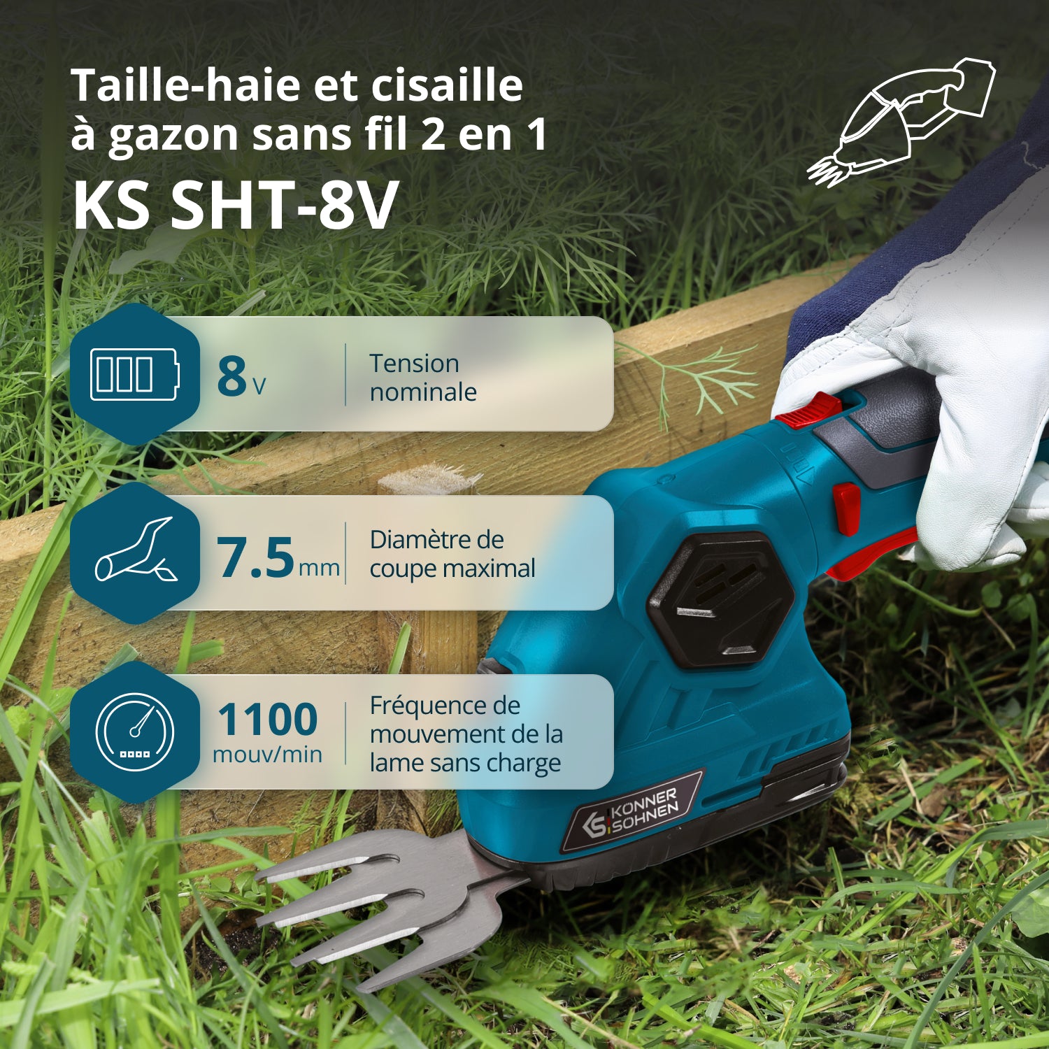 Taille-haie et cisaille à gazon 2 en 1 sans fil avec manche télescopique KS SHT-8V + Extension Pole