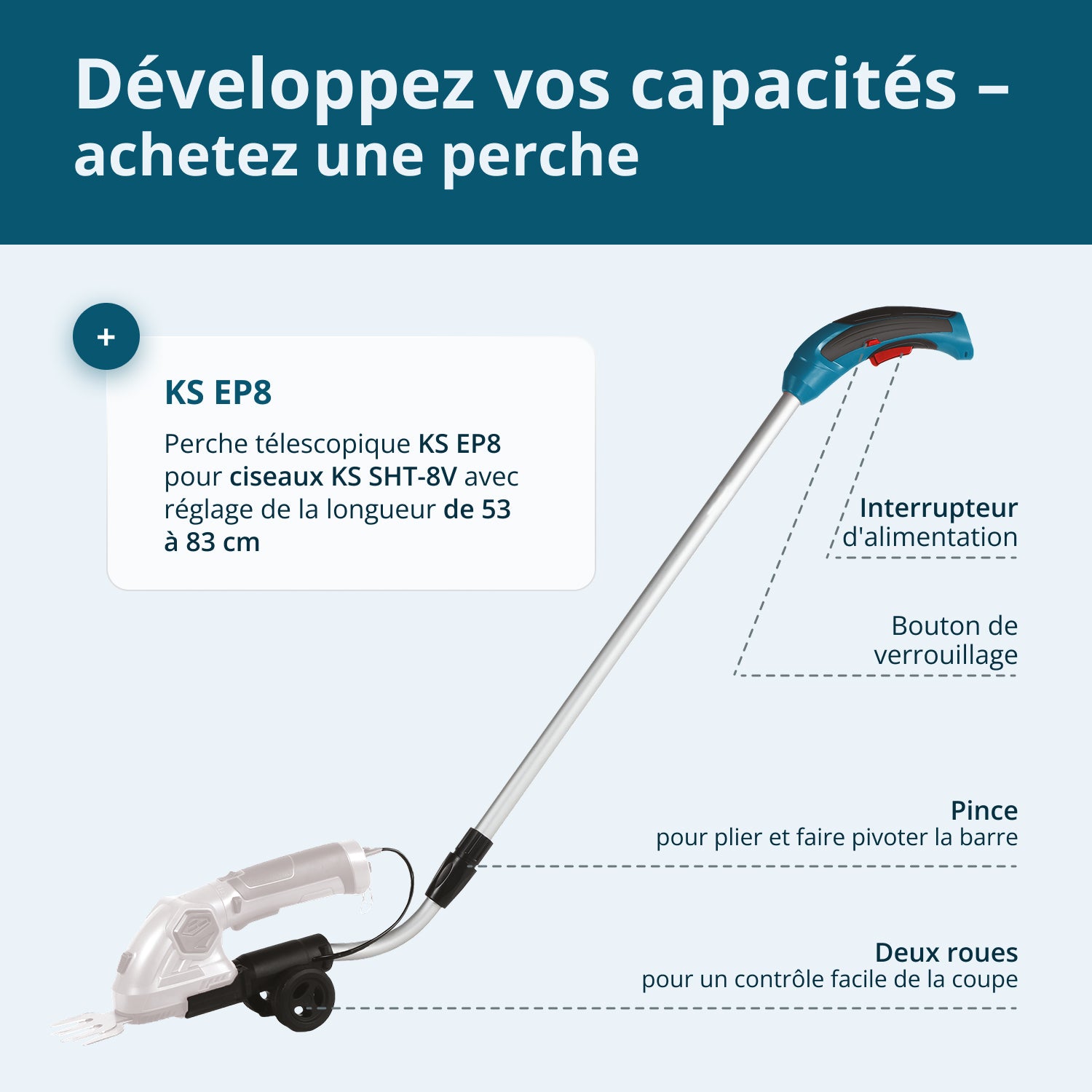Taille-haie et cisaille à gazon 2 en 1 sans fil avec manche télescopique KS SHT-8V + Extension Pole